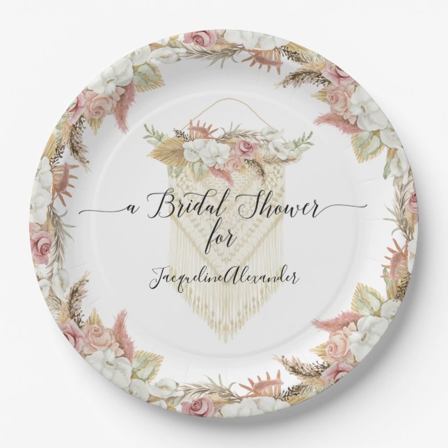 BOHO Pampas Grass Floral Foliage Bridal Shower Paper Plates (Front)