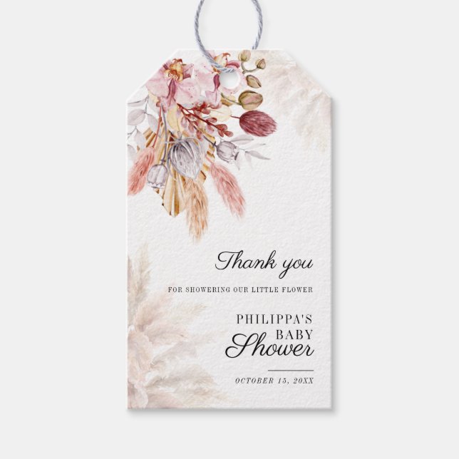 Boho Pampas Grass Floral Girl Baby Shower Gift Tags (Front)