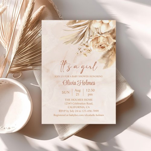 Boho Pampas Grass Floral Its a Girl Baby Shower Invitation