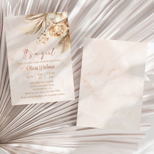 Boho Pampas Grass Floral Its a Girl Baby Shower Invitation