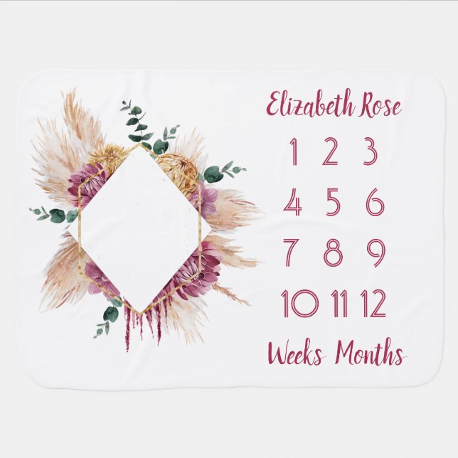 Boho Pampas Grass Floral Milestone Baby Blanket (Horizontal)