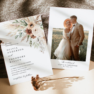 Boho Pampas Grass Floral Photo Back Wedding Invitation