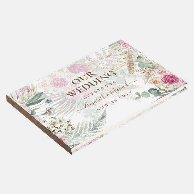 BOHO Pampas Grass Floral Pink Sage Wedding Guest Book