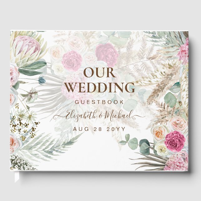 BOHO Pampas Grass Floral Pink Sage Wedding Guest Book (Front)