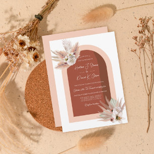 Boho Pampas Grass Floral Pink Terracotta Wedding Invitation