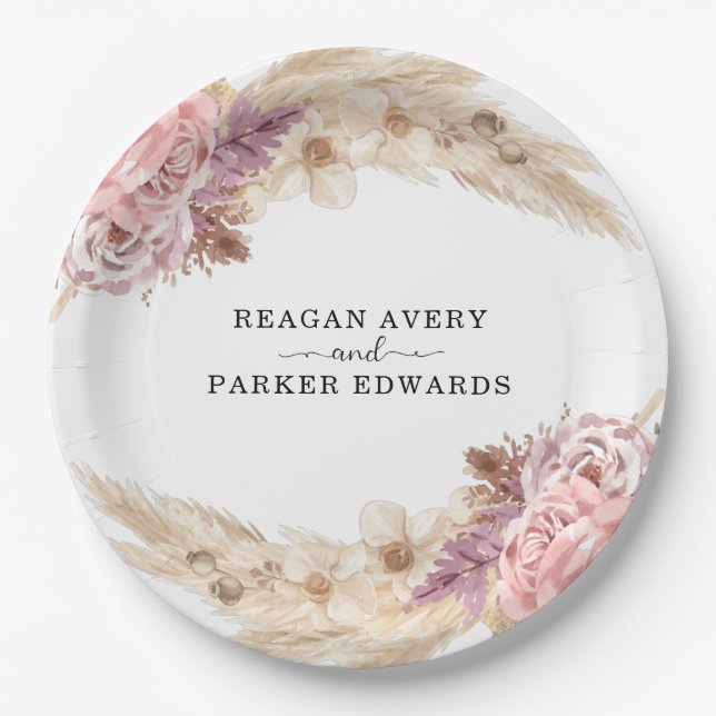 Boho Pampas Grass Floral Purple Wedding Paper Plates (Front)
