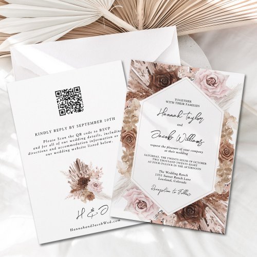 Boho Pampas Grass Floral QR Code RSVP Wedding Invitation