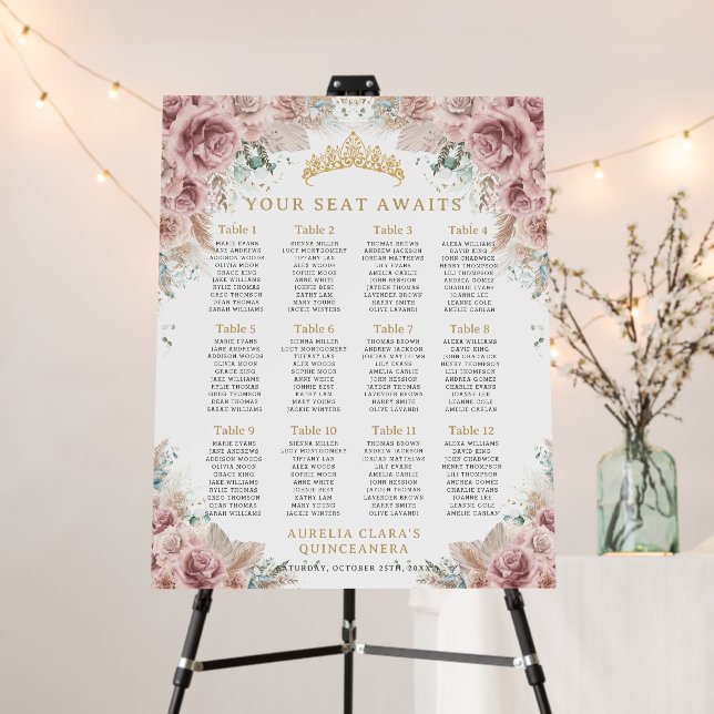 Boho Pampas Grass Floral Quinceañera Seating Chart Foam Board (In Situ (Stand))