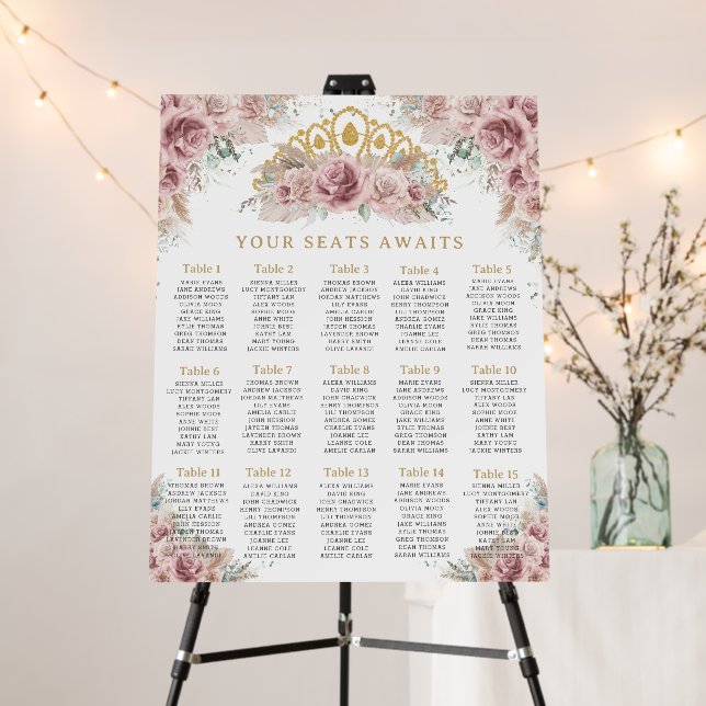 Boho Pampas Grass Floral Quinceañera Seating Chart Foam Board (In Situ (Stand))