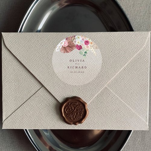 Boho Pampas Grass Floral Round Wedding Sticker