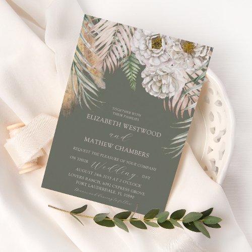 Boho Pampas Grass  Floral Sage Green Wedding Invitation