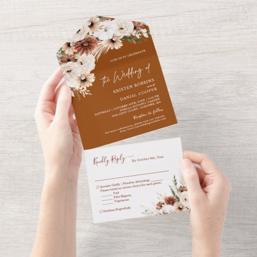 Boho Pampas Grass Floral Terracotta Autumn Wedding All In One Invitation