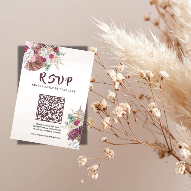 Boho Pampas Grass Floral Wedding RSVP QR Code  Card (Creator Uploaded)