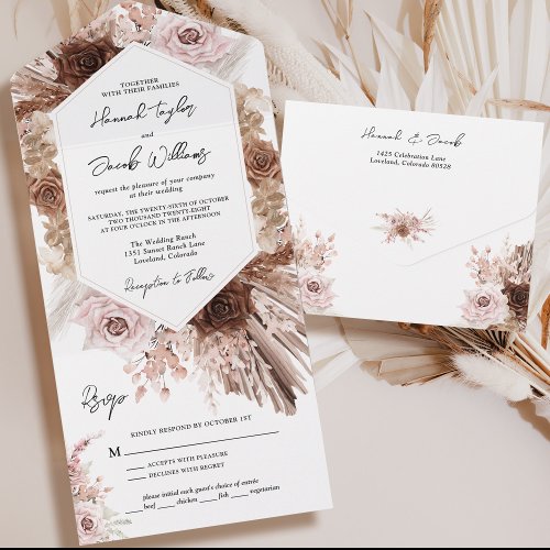 Boho Pampas Grass Floral with RSVP Wedding All In One Invitation