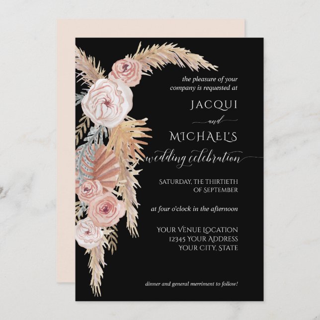 BOHO Pampas Grass Foliage Black Blush Brown Floral Invitation (Front/Back)