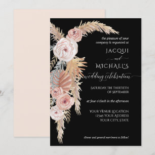 BOHO Pampas Grass Foliage Black Blush Brown Floral Invitation