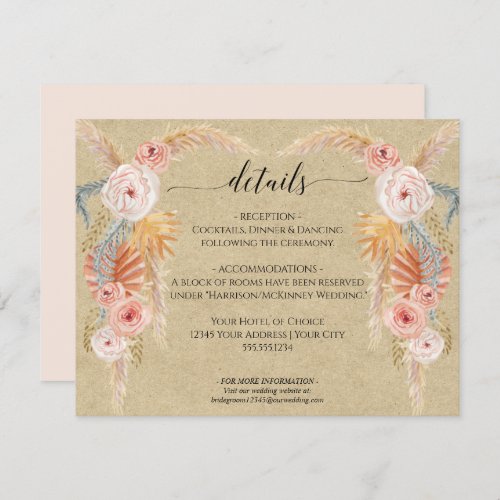 Boho Pampas Grass Foliage Kraft Wedding Details Invitation