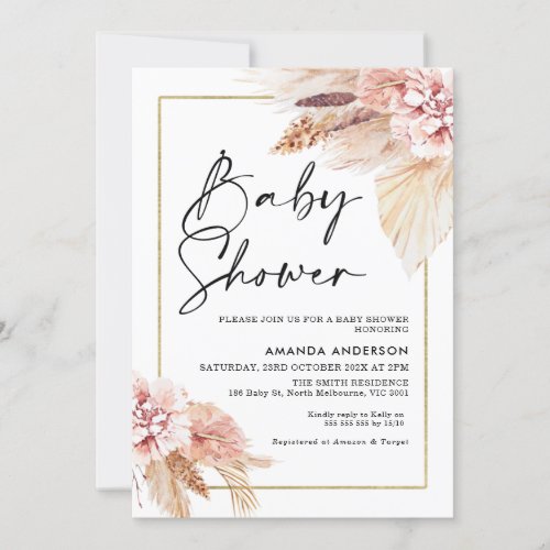 Boho Pampas Grass Frame Baby Shower Invitation