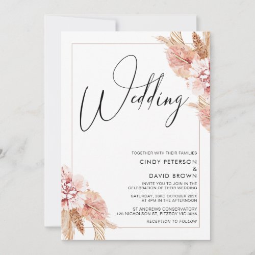 Boho Pampas Grass Frame Calligraphy Wedding  Invitation