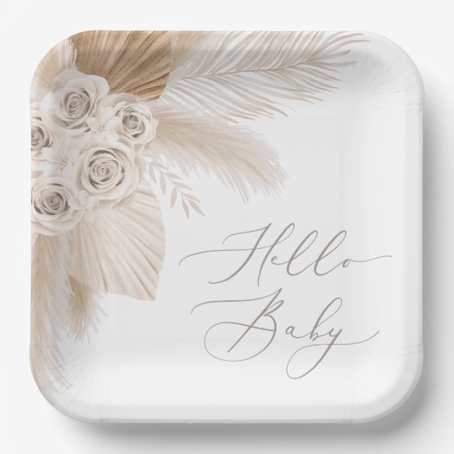 Boho Pampas Grass Gender Neutral Baby Shower Paper Plates (Front)