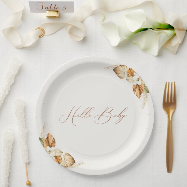 Boho Pampas Grass Gender Neutral Hello Baby Paper Plates (Wedding)