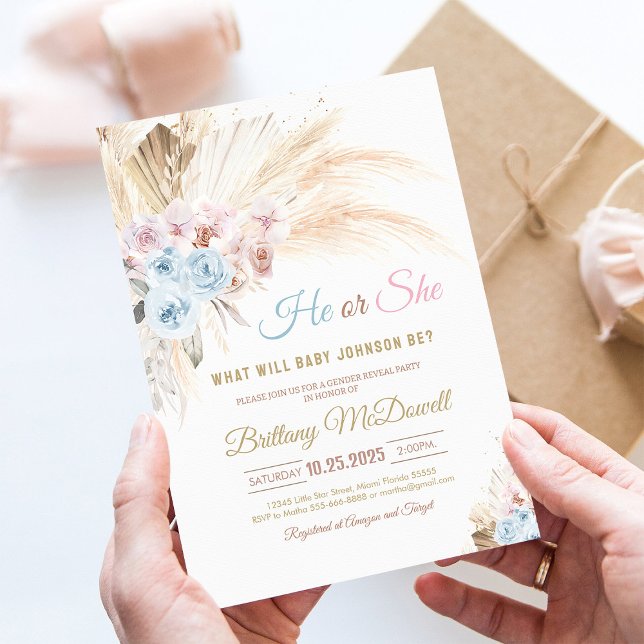 Boho Pampas Grass Gender Reveal Invitation (Creator Uploaded)