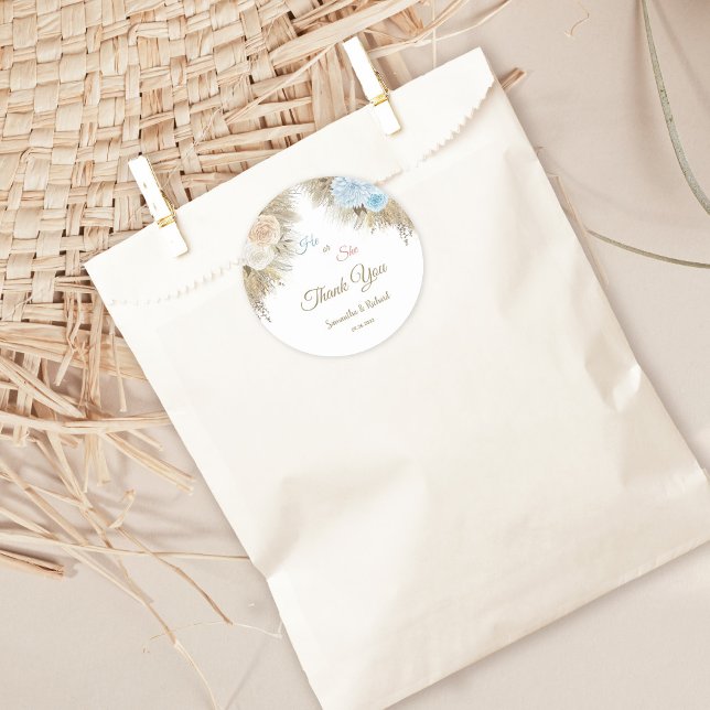 Boho Pampas Grass Gender Reveal Thank you Classic Round Sticker (Creator Uploaded)