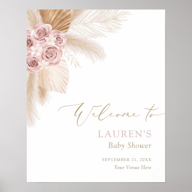 Boho Pampas Grass Girl Baby Shower Welcome Sign (Front)