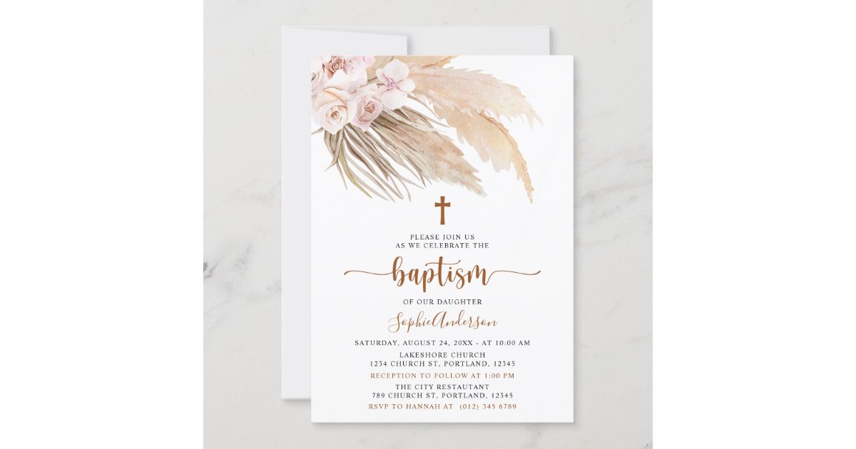 Boho Pampas Grass Girl Baptism Invitation 