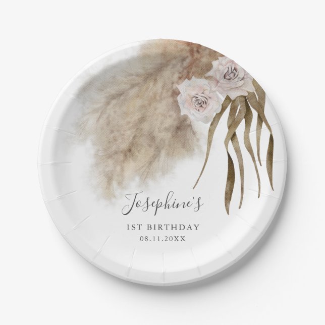 Boho Pampas Grass Girl Birthday Party Paper Plates (Front)