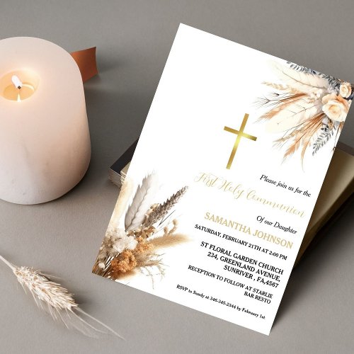 Boho Pampas Grass  Girl First Holy Communion Invitation