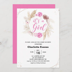 Boho Pampas Grass Girl Pink Flowers Baby Shower Invitation