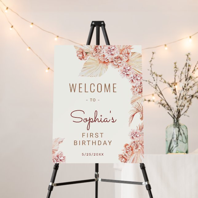 Boho Pampas Grass Girls 1st First Birthday Welcome Foam Board (In Situ (Stand))
