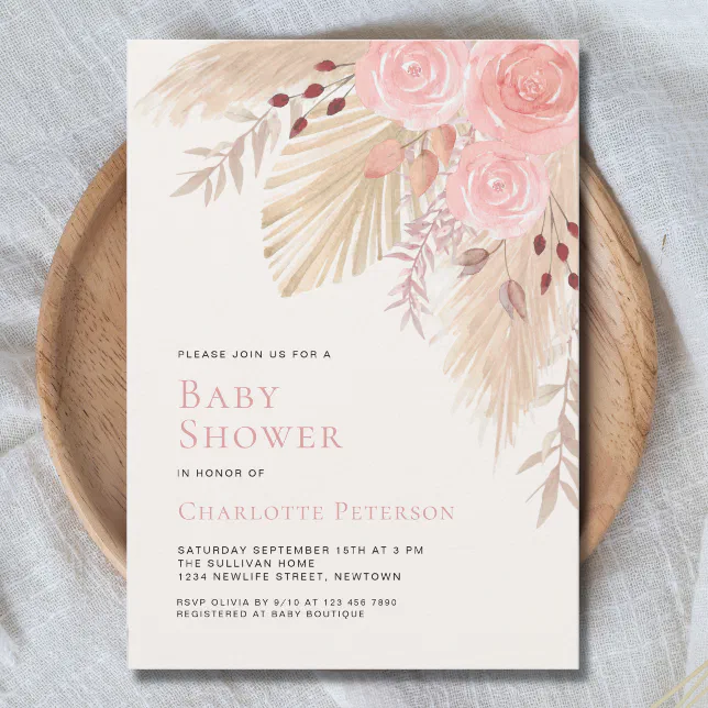 Boho Pampas Grass Girl's Baby Shower Invitation | Zazzle