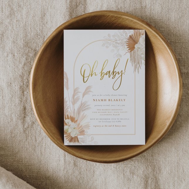 Boho Pampas Grass Gold Floral Arch Baby Shower Invitation