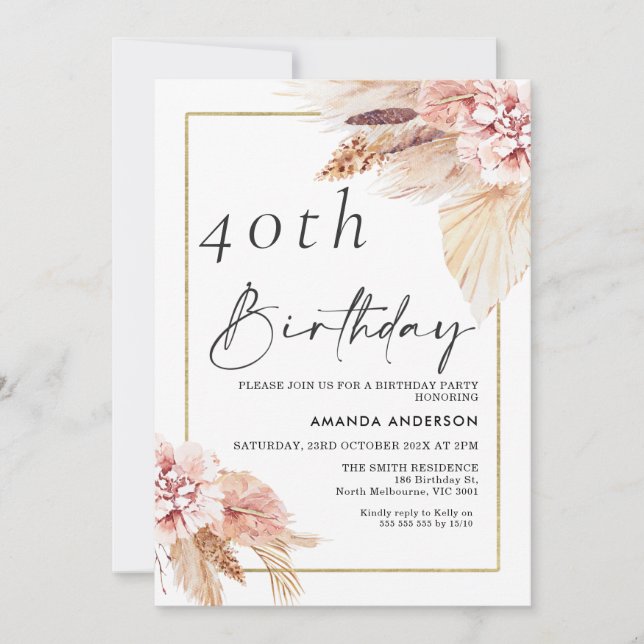 Boho Pampas Grass Gold Frame Birthday Invitation (Front)