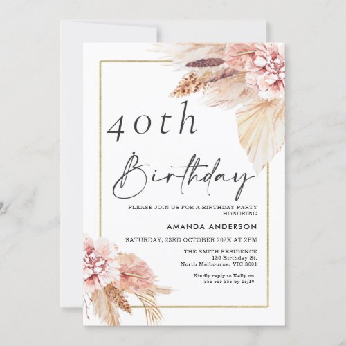 Boho Pampas Grass Gold Frame Birthday Invitation