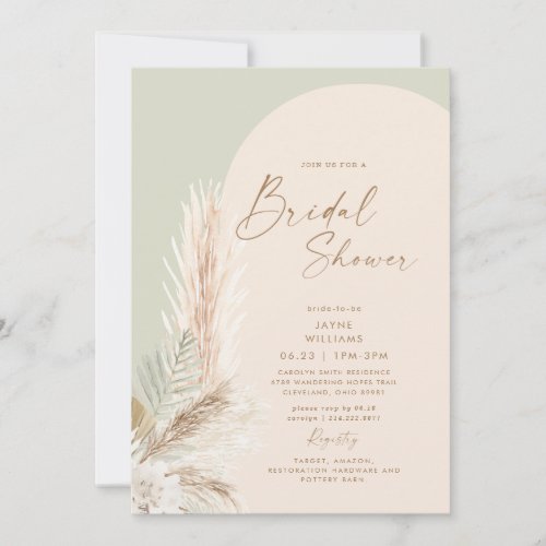 Boho Pampas Grass Gold Geometric Sage Bridal   Invitation