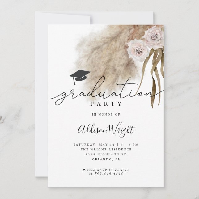 Boho Pampas Grass Graduation Party Photo Invitation (Front)