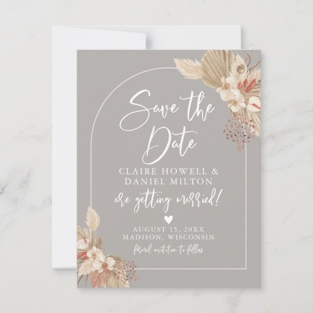 Boho Pampas Grass Gray Beige Save The Date (Front)