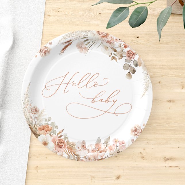 Boho Pampas Grass Hello Baby Baby Shower  Paper Plates (Creator Uploaded)
