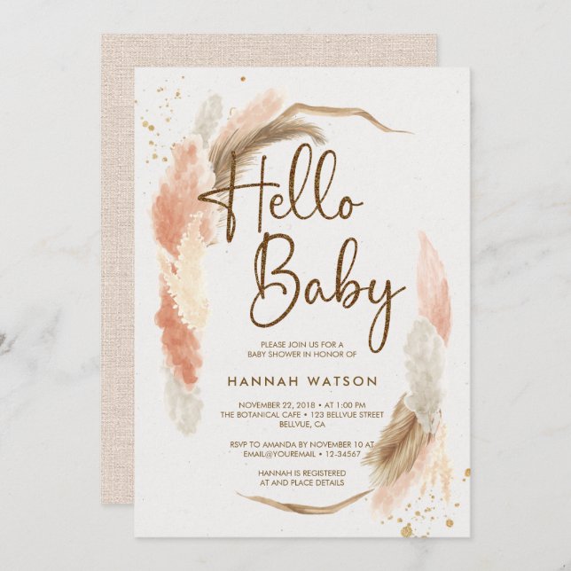 Boho Pampas Grass Hello Baby Shower Invitation (Front/Back)