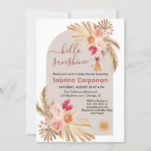 Boho Pampas Grass Hello Sunshine girl baby Shower Invitation