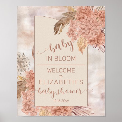 Boho Pampas Grass  Hydrangeas Baby Shower Welcome Poster