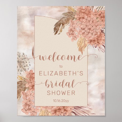 Boho Pampas Grass Hydrangeas Bridal Shower Welcome Poster