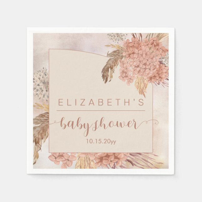 Boho Pampas Grass | Hydrangeas Girl Baby Shower  N Napkins (Front)