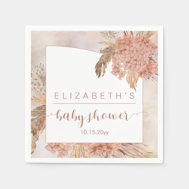 Boho Pampas Grass | Hydrangeas Girl Baby Shower  Napkins (Front)