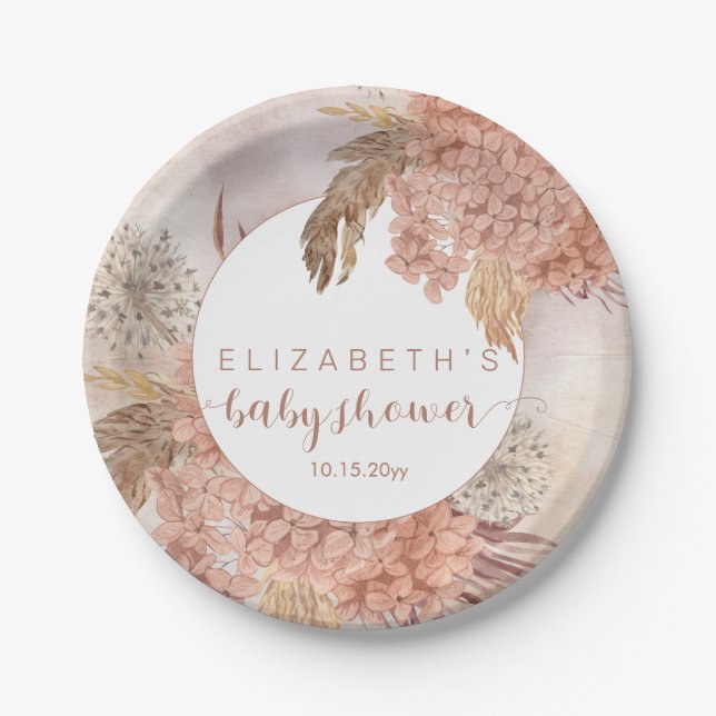 Boho Pampas Grass | Hydrangeas Girl Baby Shower  P Paper Plates (Front)