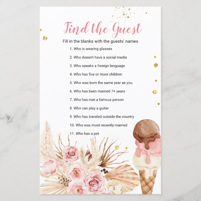 Boho Pampas Grass ice cream Find the Guest game (Front)