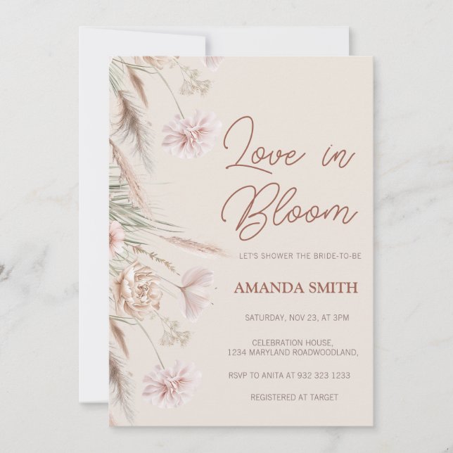 Boho Pampas Grass Love in Bloom Bridal Shower  Invitation (Front)